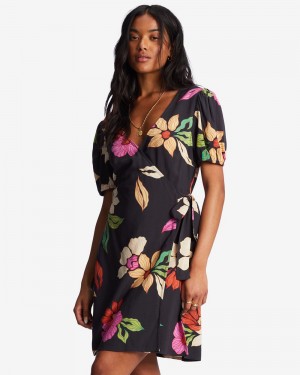 Black Pebble Women's Billabong Hot Tropics Mini Wrap Dress | 857610TSH