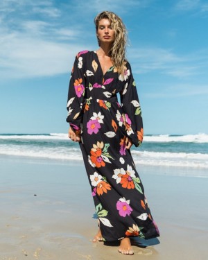 Black Pebble Women's Billabong Night Bloom Long Sleeve Maxi Dress | 734158CMI