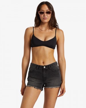 Black Rinse Women's Billabong Drift Away Frayed Denim Shorts | 351876ELN