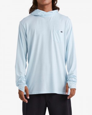 Light Blue Men's Billabong Eclipse Hooded Long Sleeve Surf T-Shirt | 206453ZED