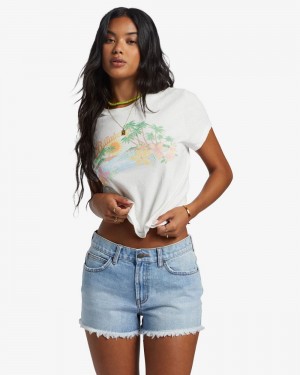 Light Wash Women's Billabong Drift Away Frayed Denim Shorts | 082945EUD