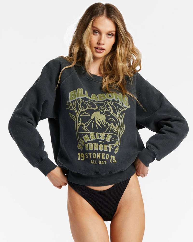 Black Pebble Women\'s Billabong Here We Go Graphic Crewneck Sweatshirt | 035687CEY