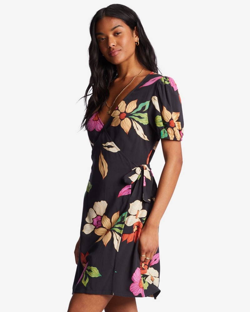 Black Pebble Women's Billabong Hot Tropics Mini Wrap Dress | 857610TSH