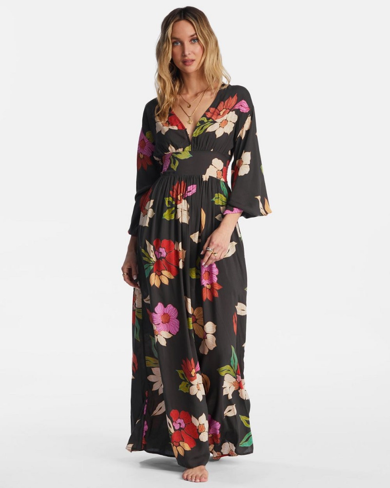 Black Pebble Women's Billabong Night Bloom Long Sleeve Maxi Dress | 734158CMI