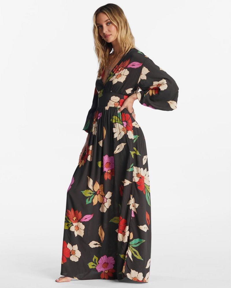 Black Pebble Women's Billabong Night Bloom Long Sleeve Maxi Dress | 734158CMI