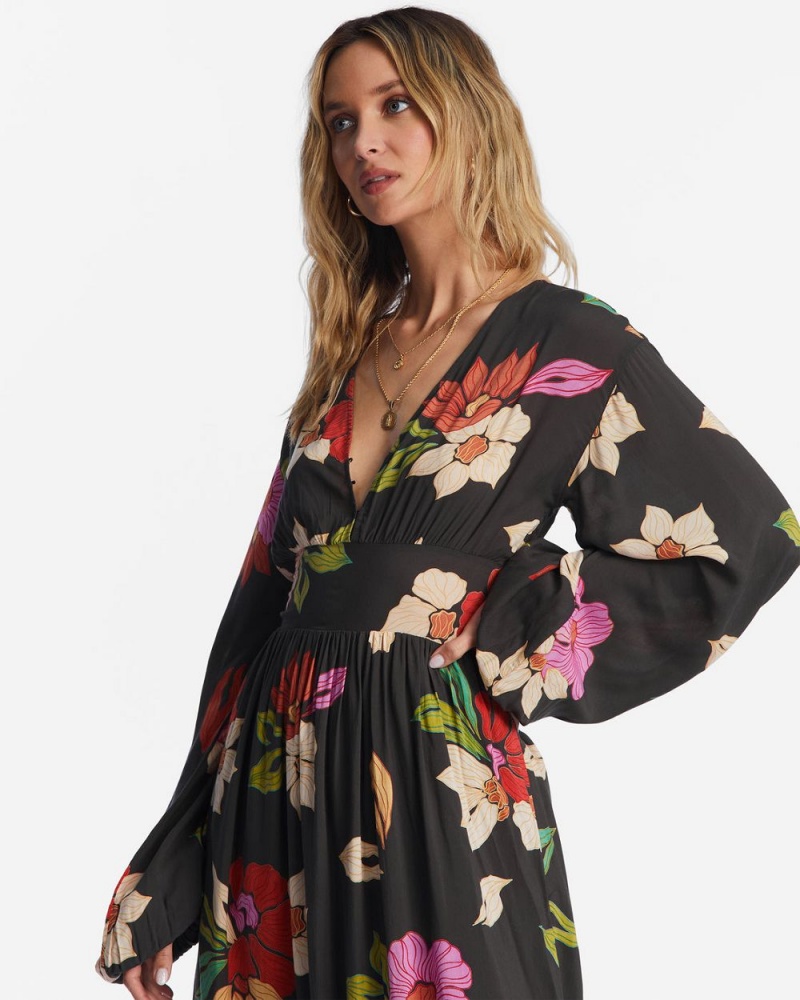 Black Pebble Women's Billabong Night Bloom Long Sleeve Maxi Dress | 734158CMI