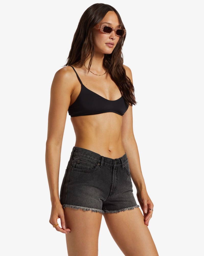 Black Rinse Women's Billabong Drift Away Frayed Denim Shorts | 351876ELN