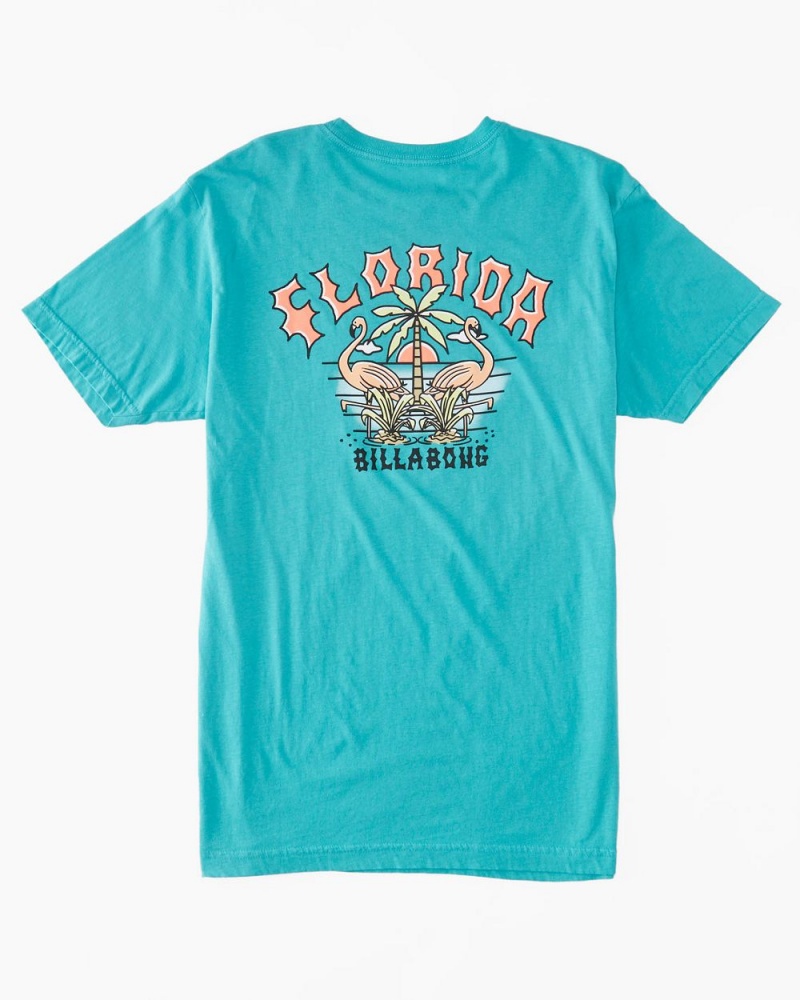 Blue Men\'s Billabong Flamingo Arch T-Shirt | 140239KZQ