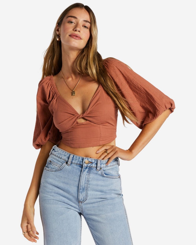 Green Women's Billabong Del Sole Puff-Sleeve Crop Top | 621574VDG