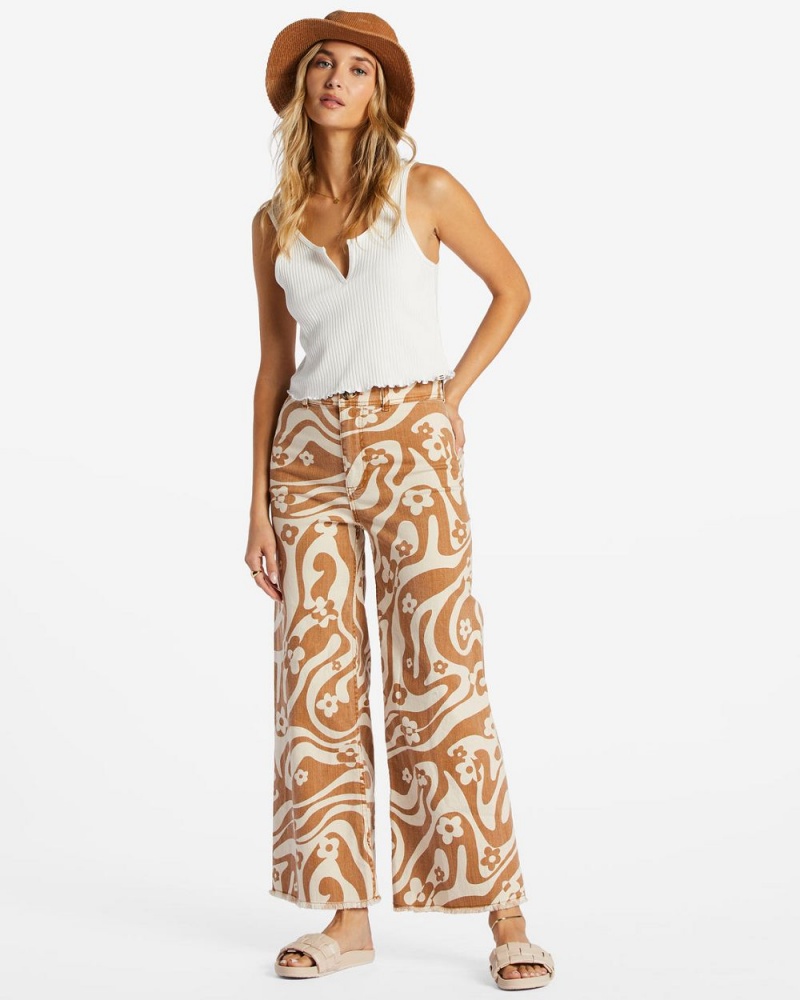 Olive Women\'s Billabong Free Fall Print Wide Leg Pants | 150864TYF