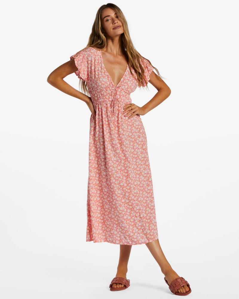 Pink Women's Billabong Picnic Date Midi Dress | 860213NFG