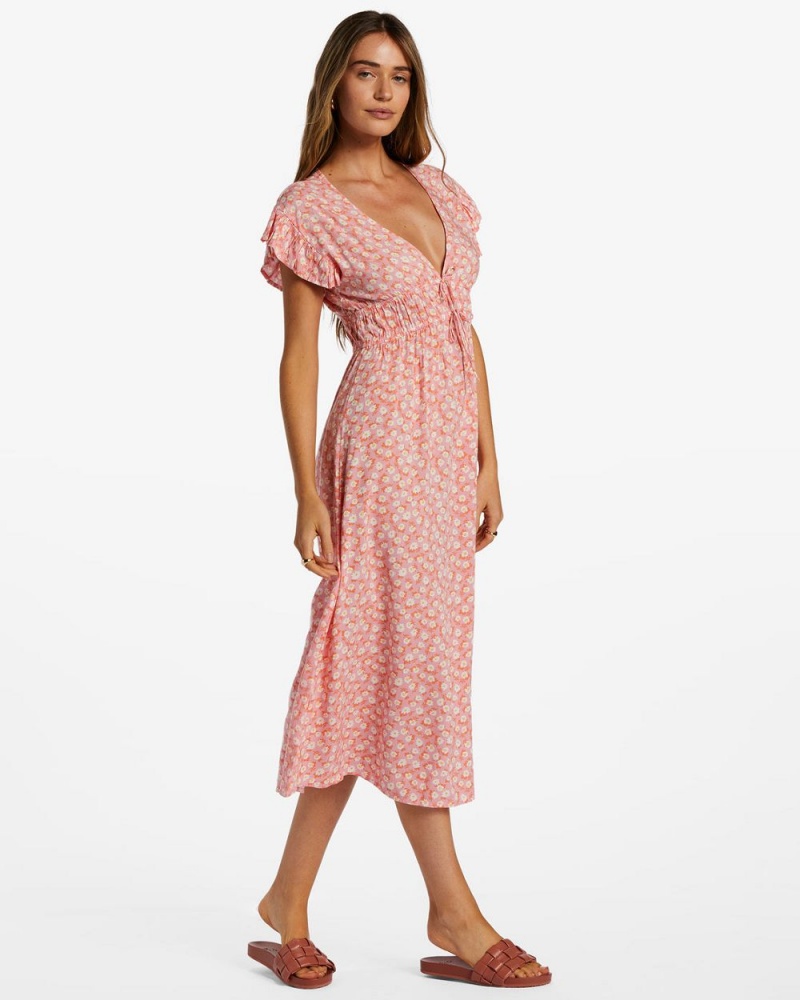 Pink Women's Billabong Picnic Date Midi Dress | 860213NFG